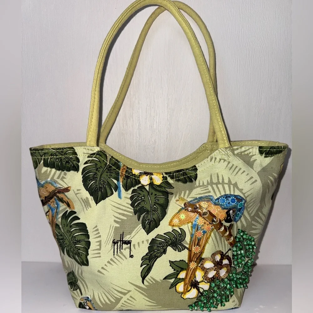 Guy Harvey Canvas Tote Bag Sequin Bead Parrot Bird Lime Blue Tropical Beach Tote